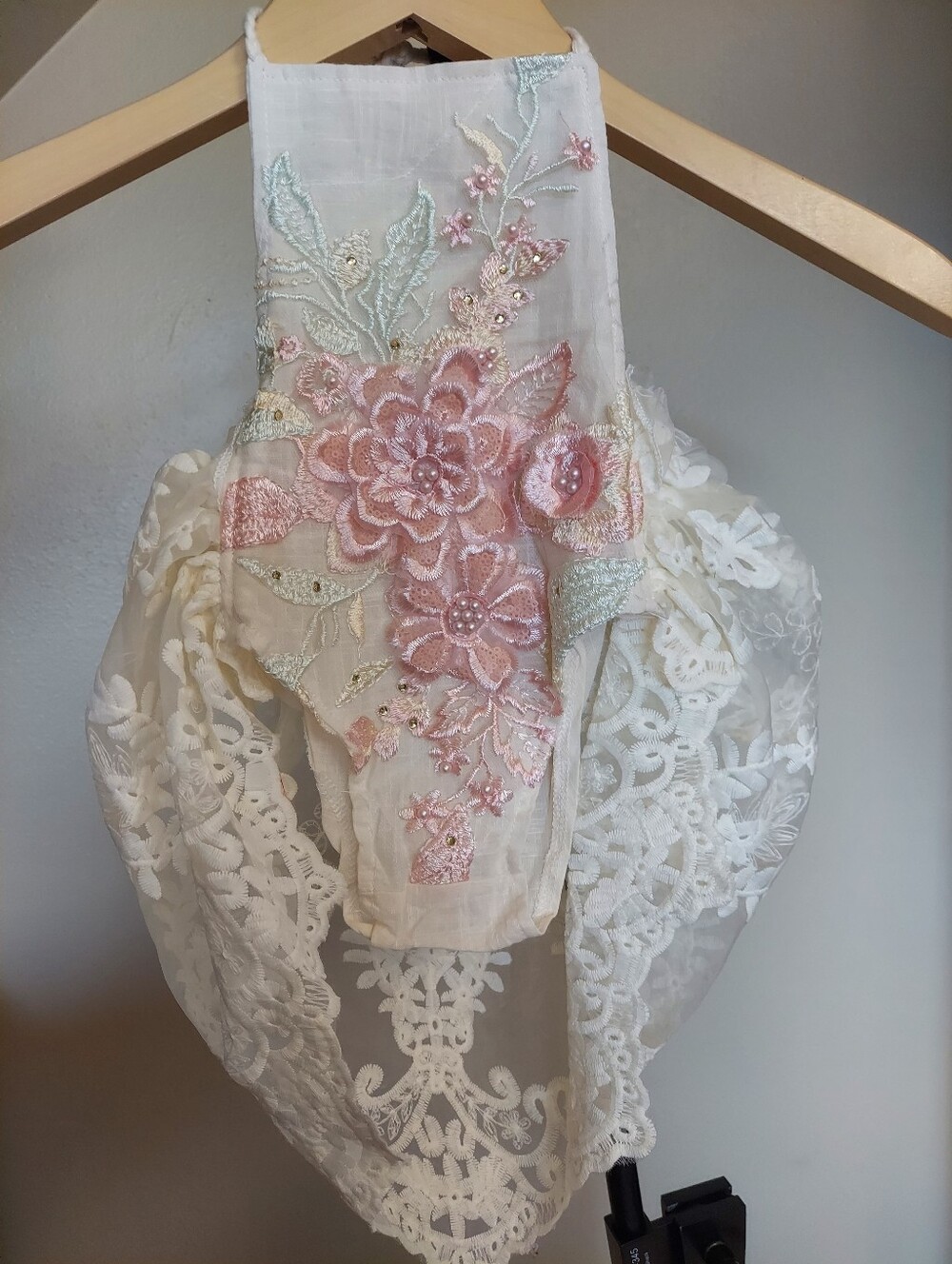 Lace Baby Romper:  Embroidered Floral Lace Halter Bib - Cream Pink  Sz 70 6-12 M